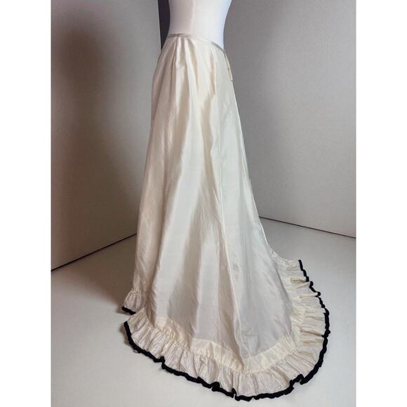 Antique Victorian Silk Skirt with Train Bustle Ivory Black Trim Ruffle Petticoat - Picture 3 of 6